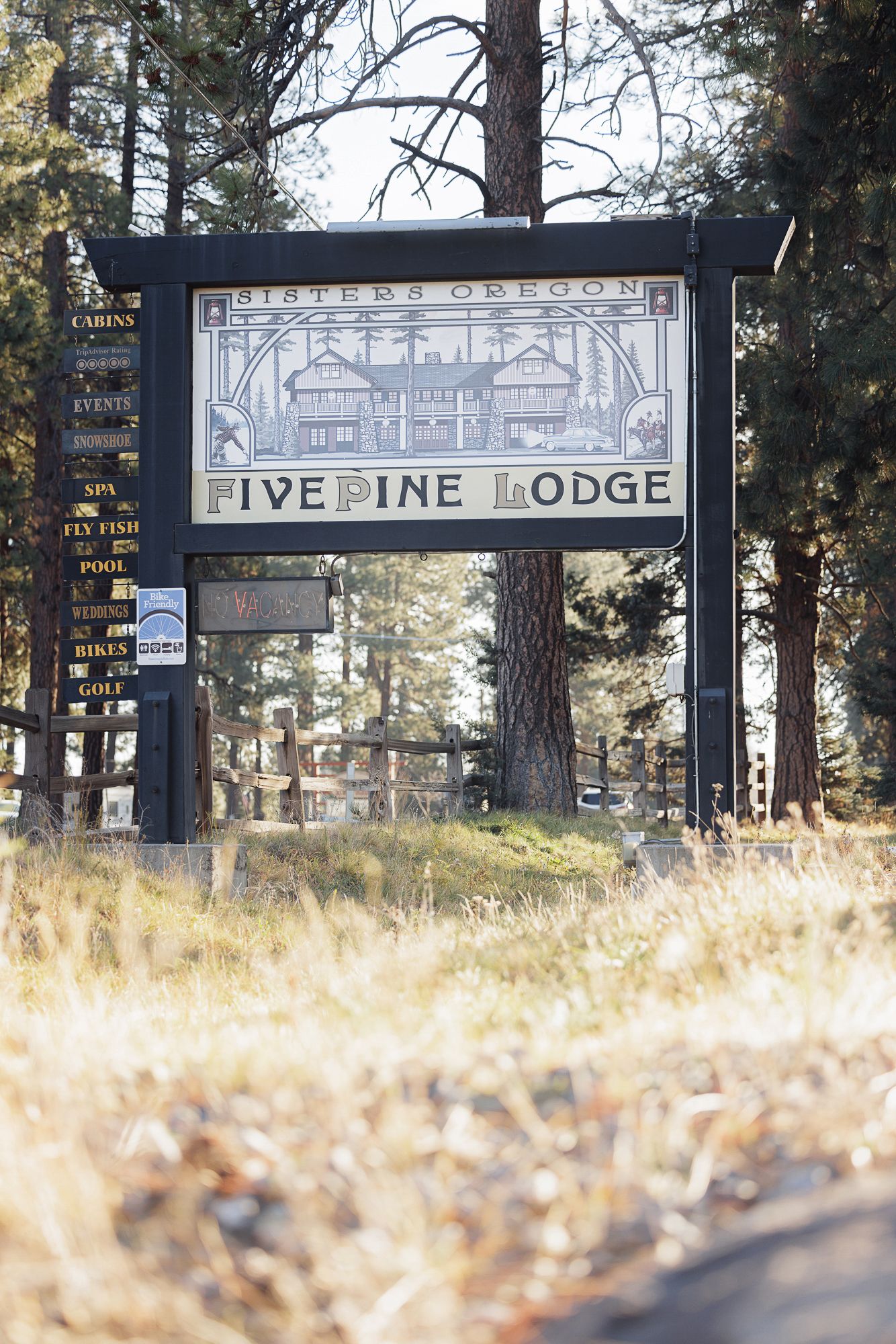 Panoramic sequence of a Pine Lodge sign in a wooded area with tall trees and dry grass in the foreground.