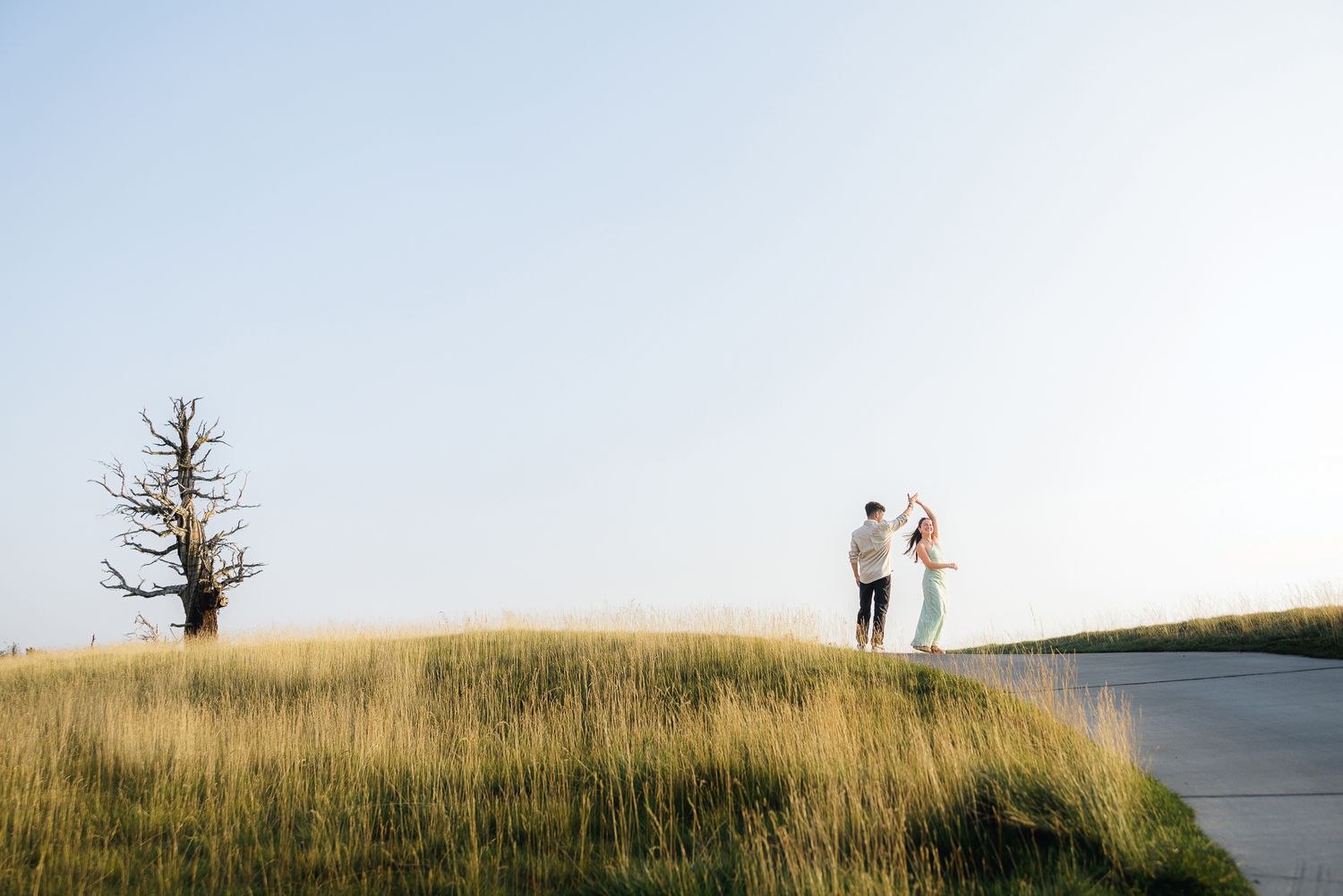 Couple holding hands on a grassy hill near a bare tree under a clear sky, romantic outdoor engagement photo.