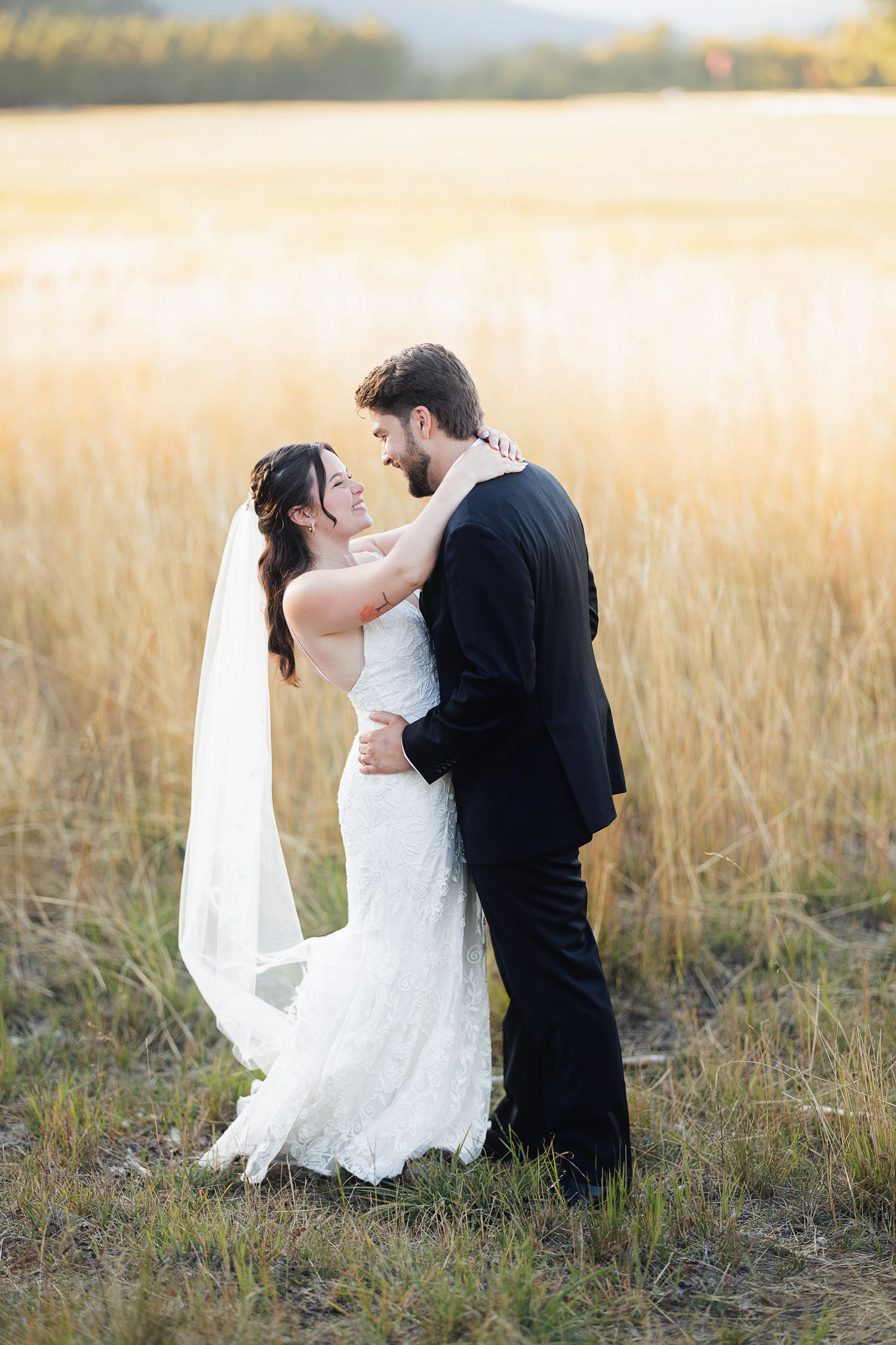 Bride and groom embrace in golden field, she wears lace gown with veil, he wears black suit, sharing romantic moment.