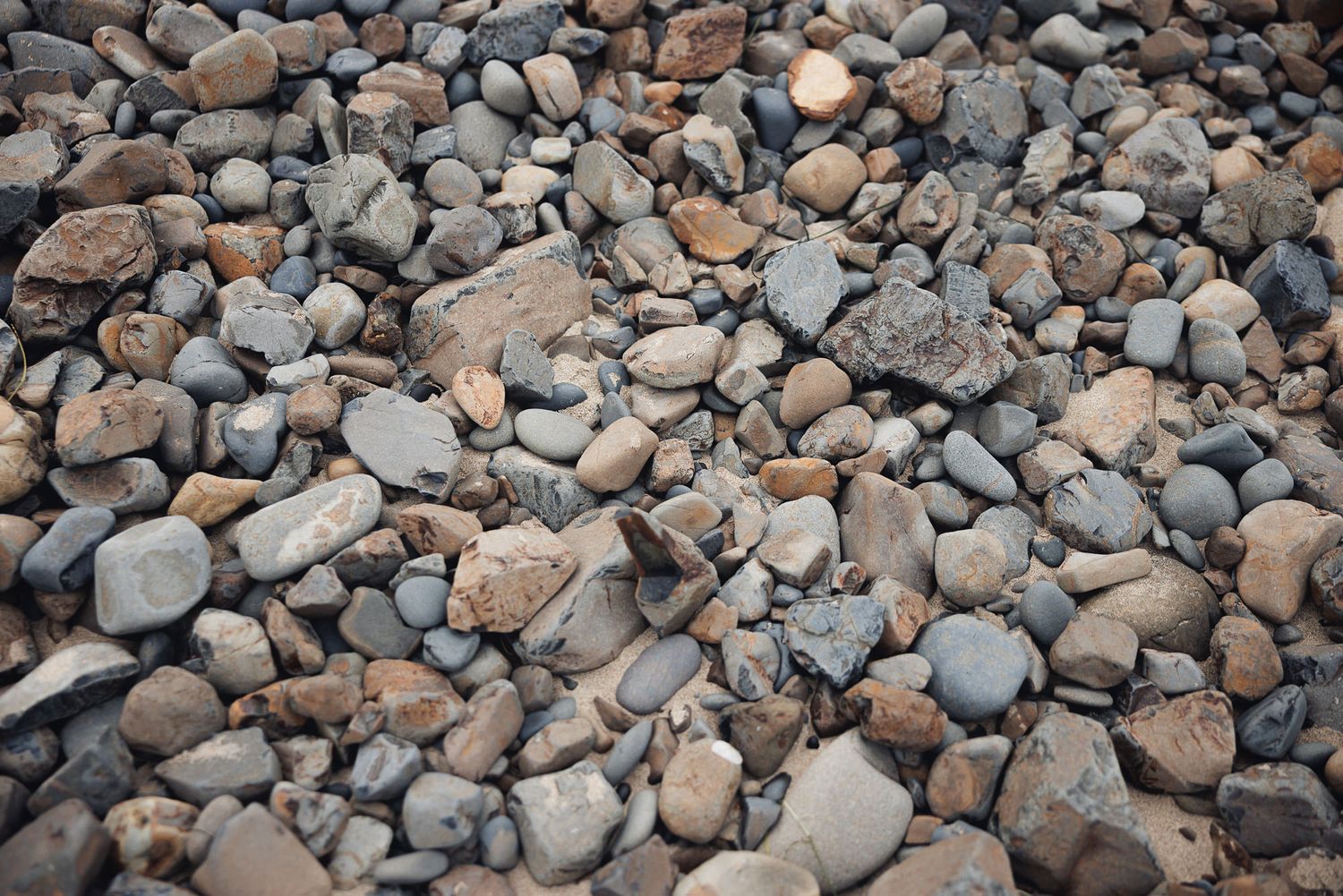 A collection of smooth and rough rocks and pebbles of various sizes and earthy tones scattered on the ground.