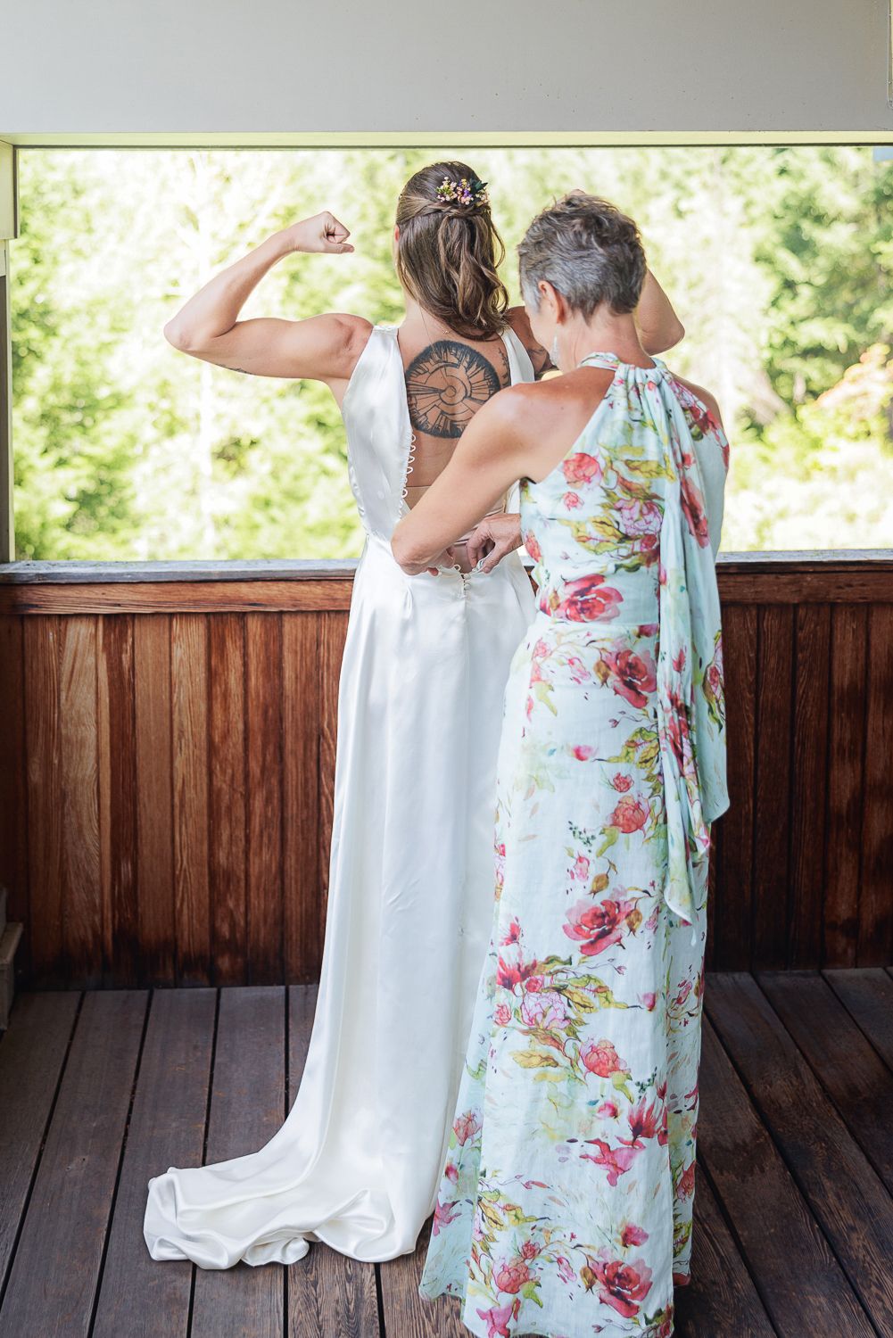 First look sequence showing emotional reactions during wedding preparations on wooden deck.