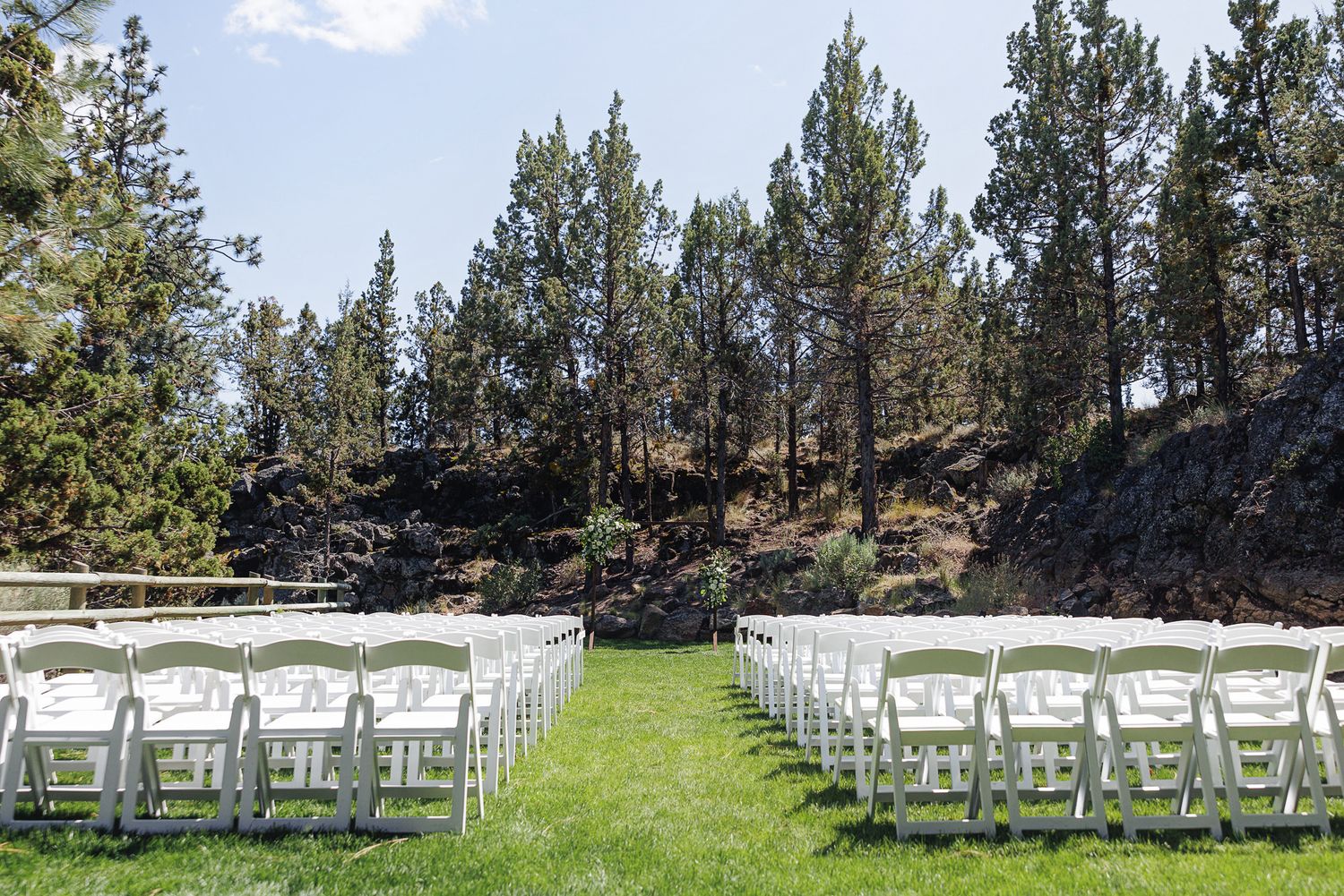 Rows of white folding chairs set up on green grass for an outdoor wedding ceremony surrounded by pine trees.