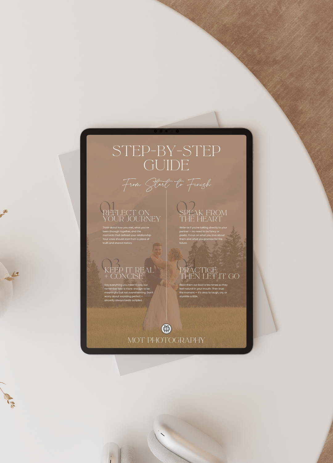 Digital tablet displaying a minimalist beige step-by-step guide layout on white background with earbuds.