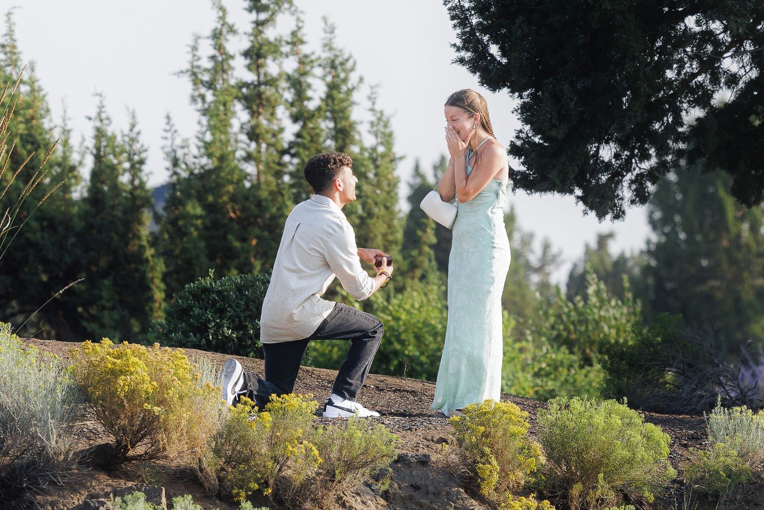 Man kneeling on one knee proposing to woman in mint dress outdoors among greenery at sunset.