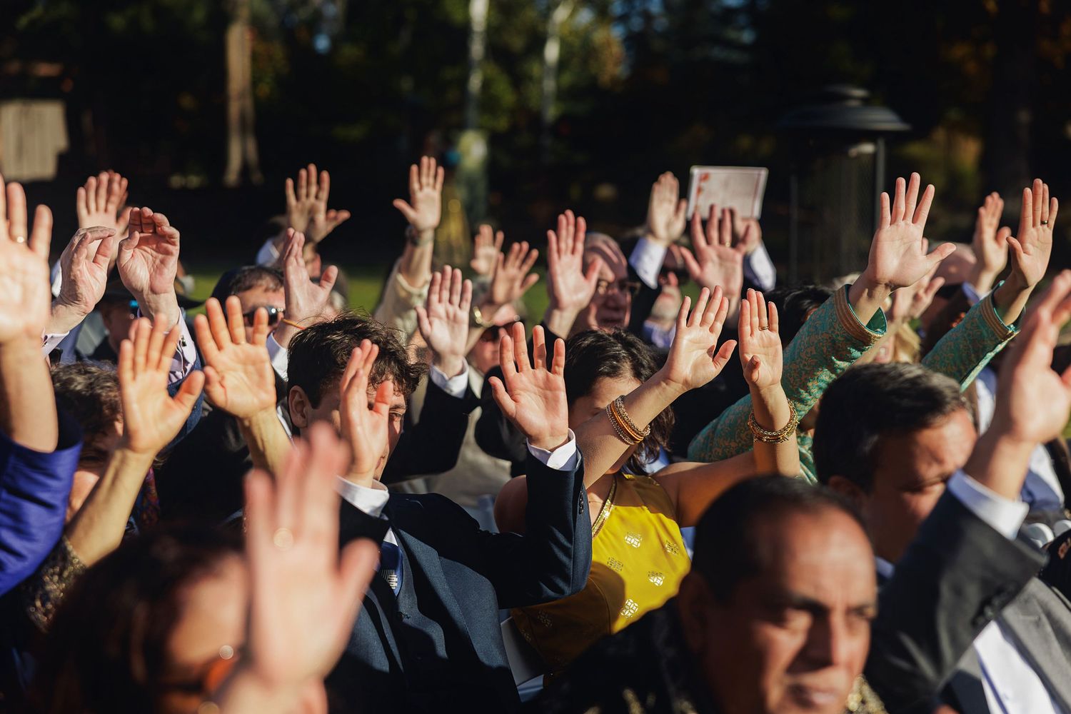 Large crowd of people raising their hands outdoors at a gathering or event in a sunny park setting.
