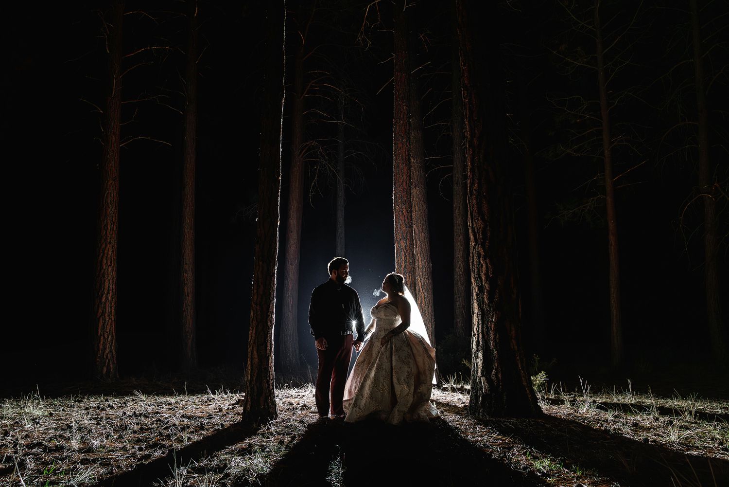 A person stands illuminated by a flashlight beam in a dark forest at night creating an eerie atmosphere.