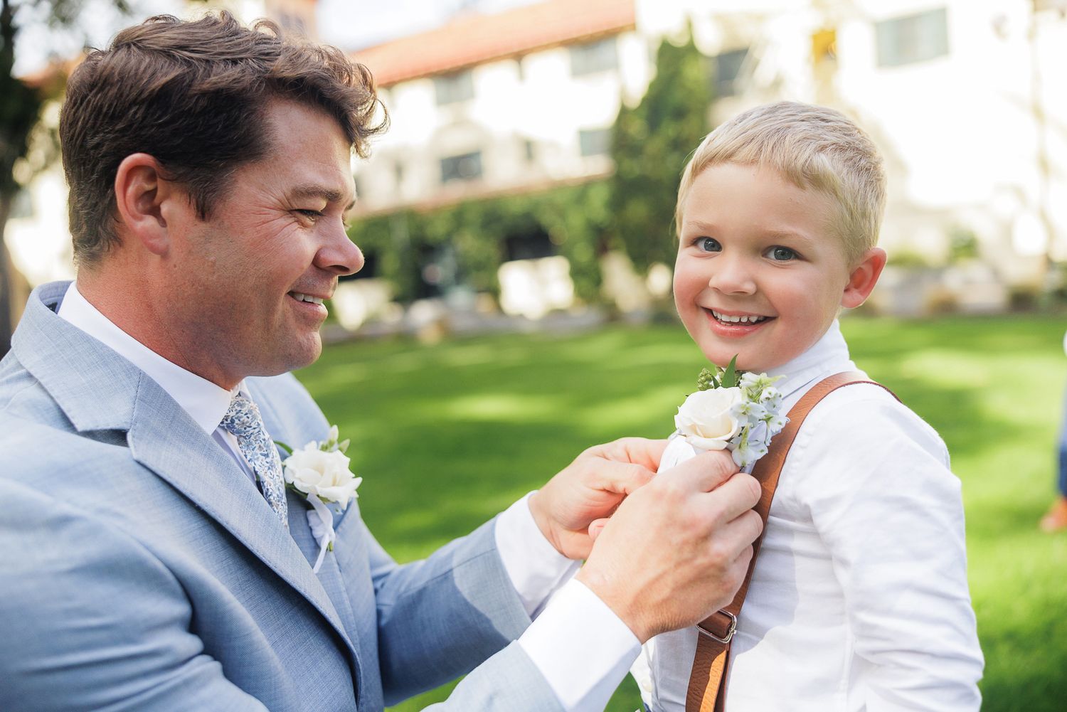A heartwarming sequence of father and child moments captured in a sunny outdoor setting.