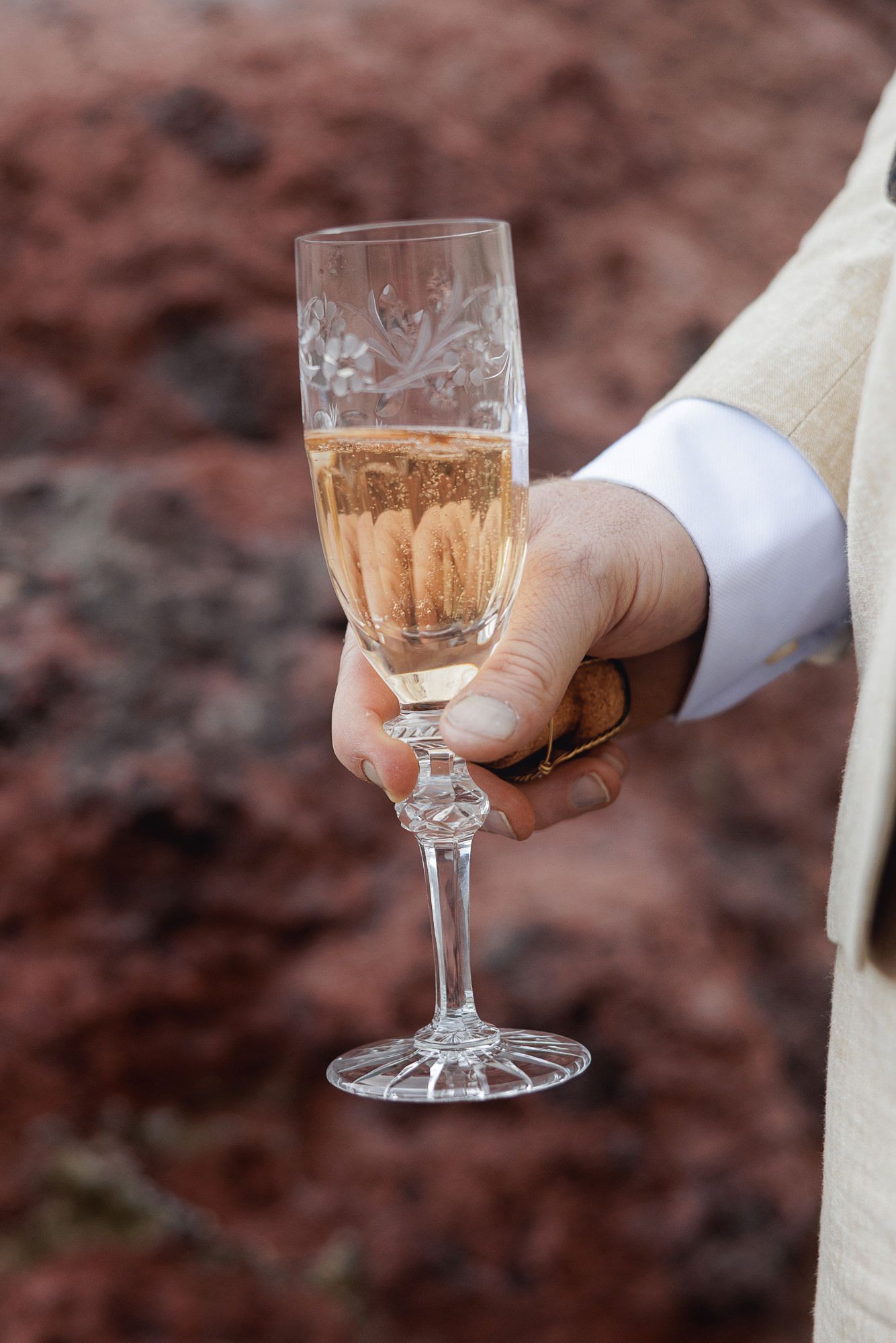 Hand holding an etched crystal champagne flute filled with sparkling rosé wine against a rust-red rocky background.