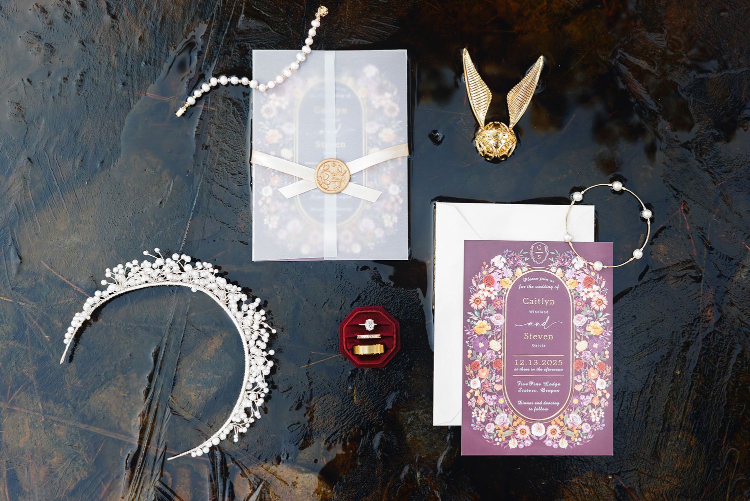 Elegant bridal jewelry and wedding invitation suite displayed with delicate floral designs and romantic details.