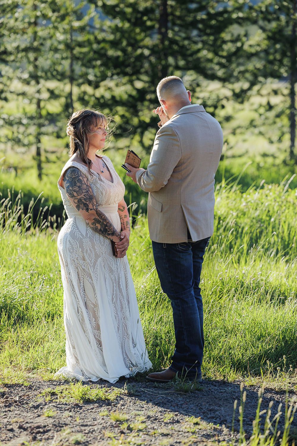 A romantic outdoor photoshoot sequence shows a couple in wedding attire embracing on a grassy hillside.