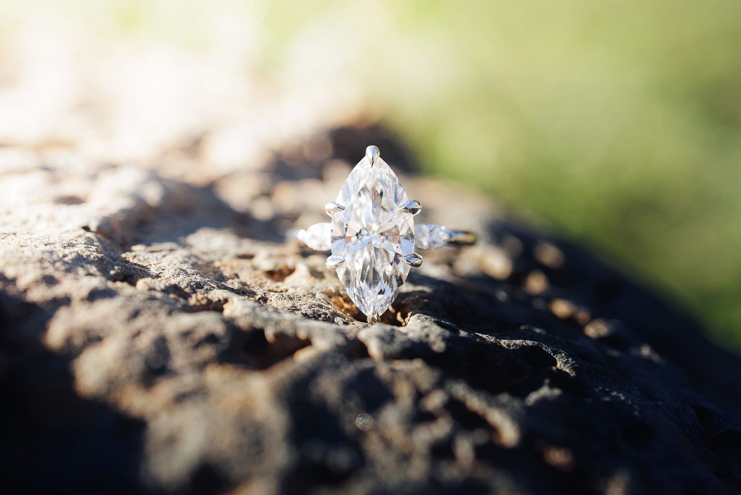 Marquise-cut diamond ring resting on a rough tree bark surface with soft green blurred background in warm sunlight.