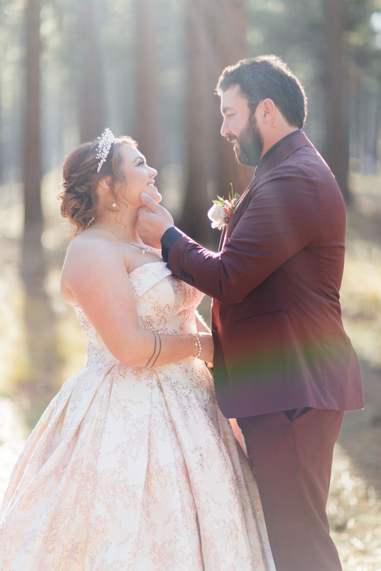 Intimate wedding moments captured in a series of photos among tall pine trees with golden light.