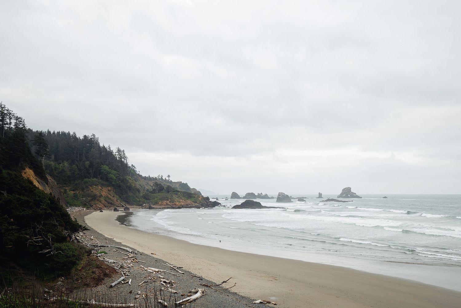 Scenic Oregon coastline with sandy beach, evergreen trees, sea stacks, and overcast skies along the Pacific Ocean.