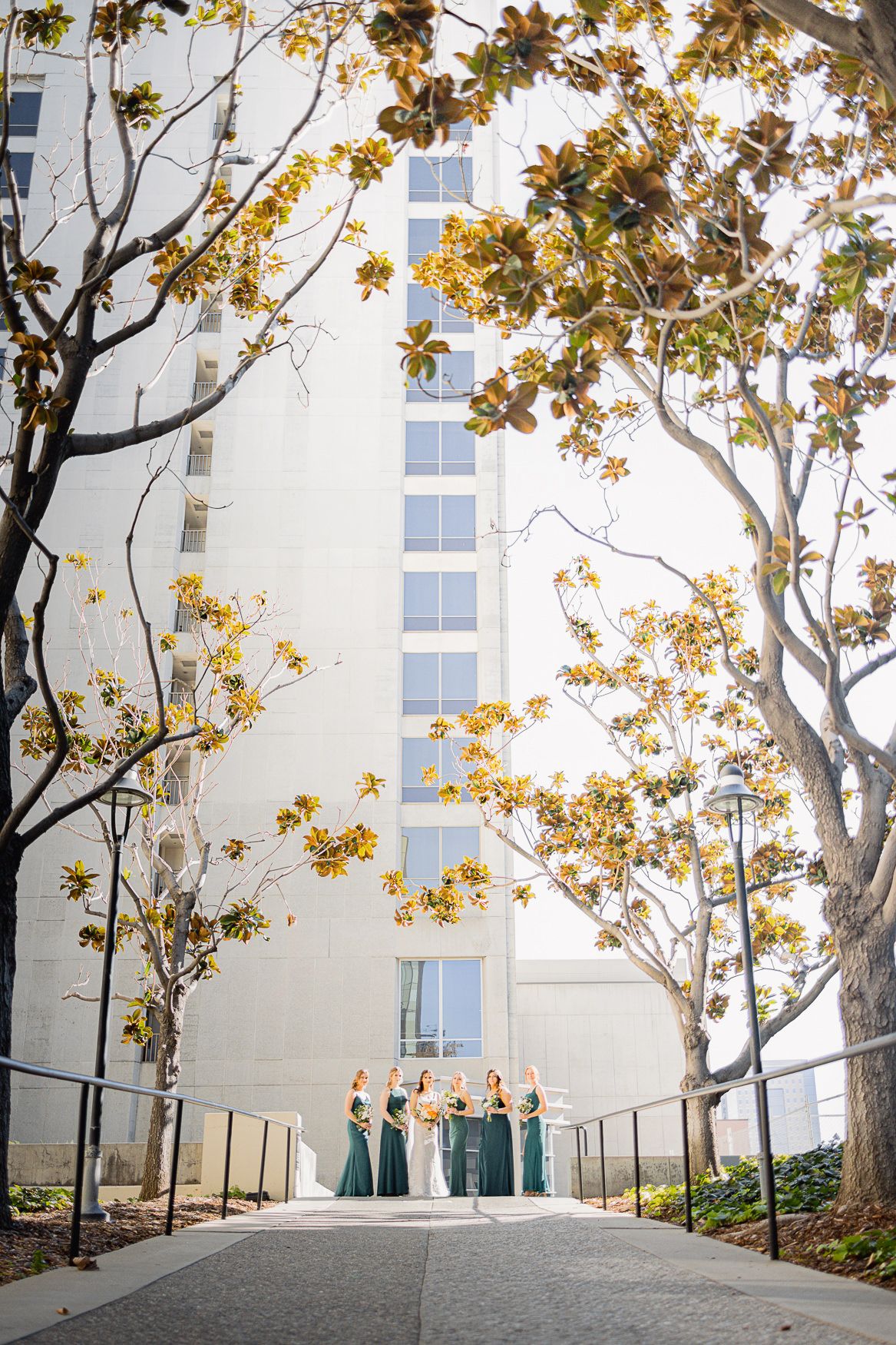 Tall white building framed by autumn trees with yellow leaves along a curved path.