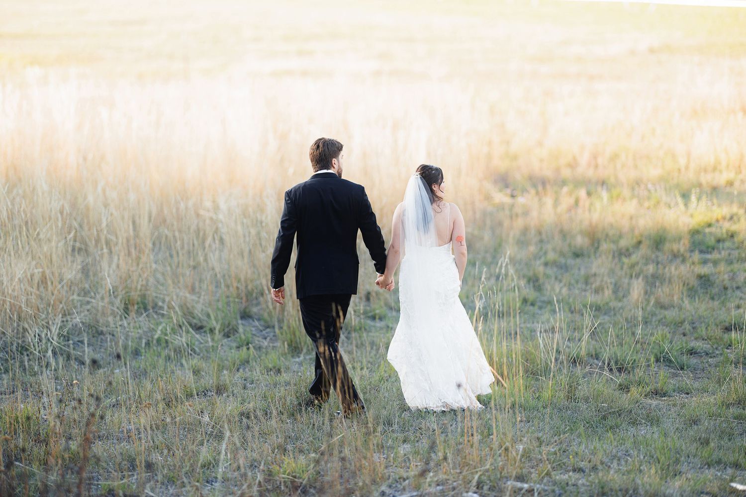 Bride and groom walking hand in hand through golden meadow, bride in white gown with veil, groom in black suit.