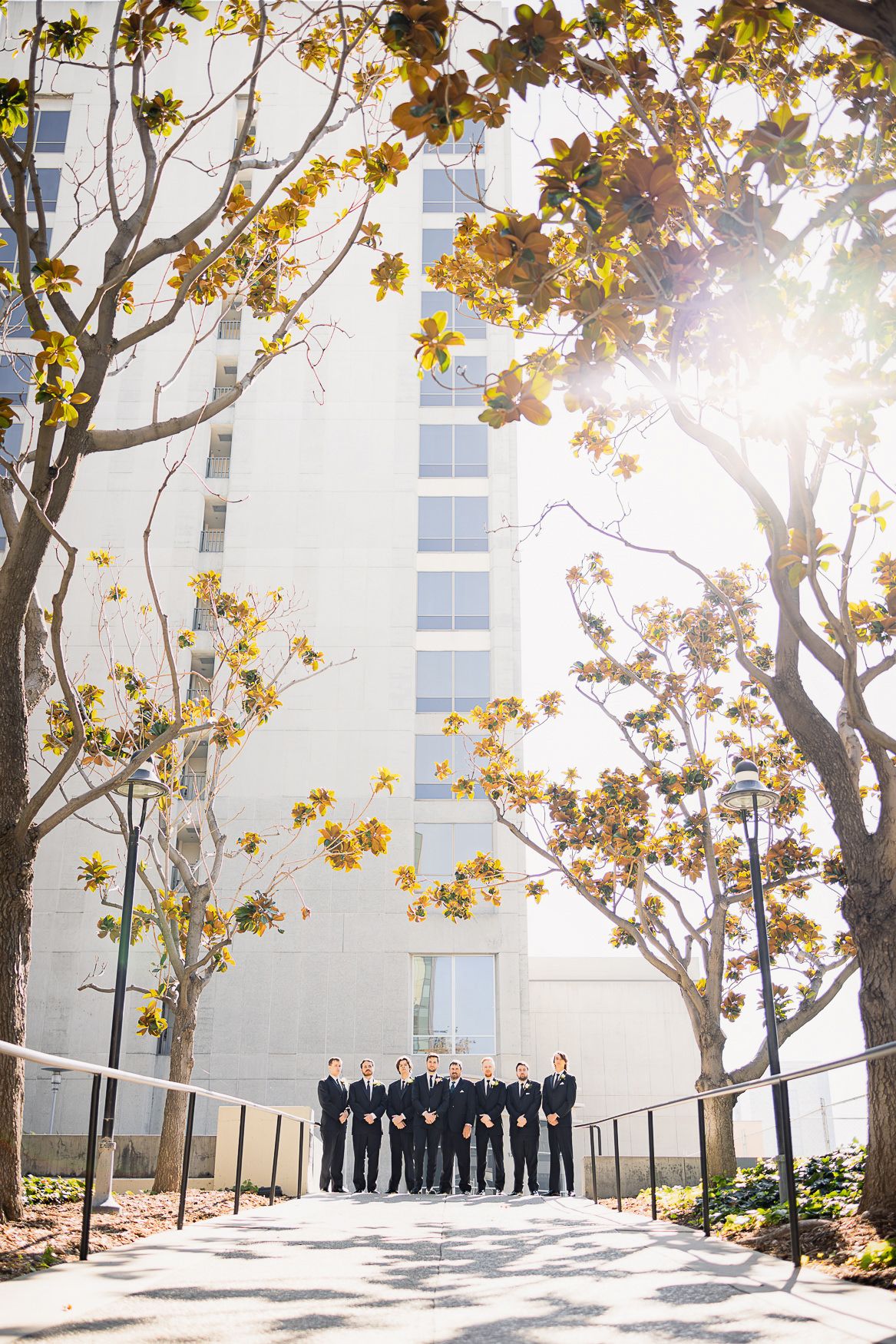 A group in black suits stands together on a path between tall trees and a modern white building on a sunny day.