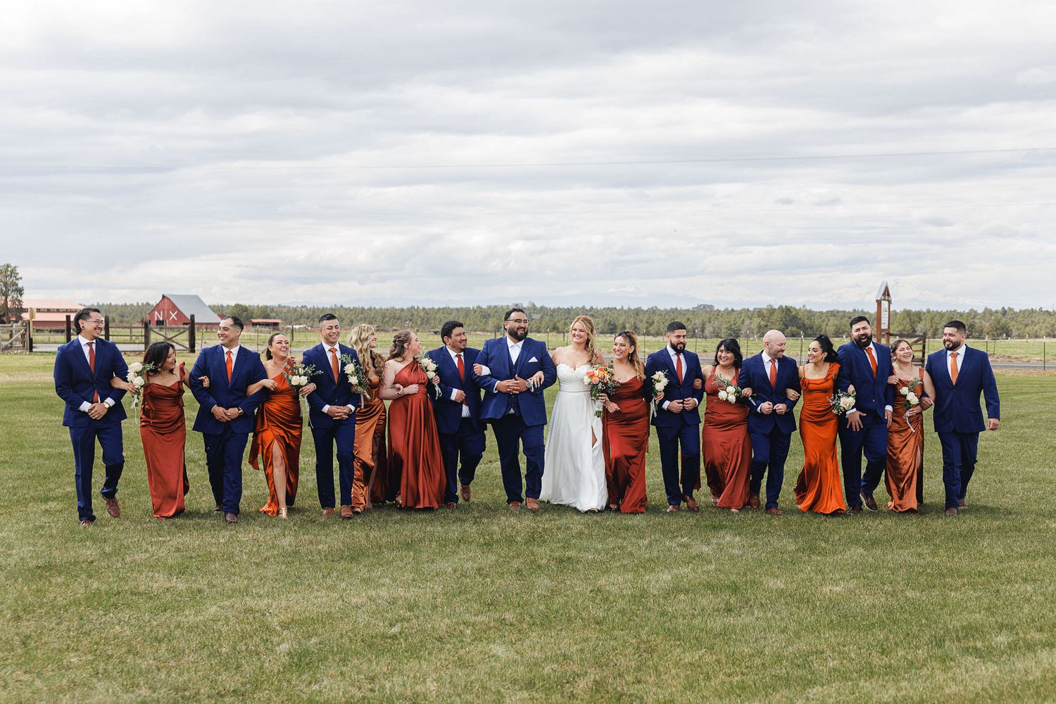 Wedding party in navy suits and rust bridesmaid dresses posing outdoors on green lawn with cloudy sky backdrop.