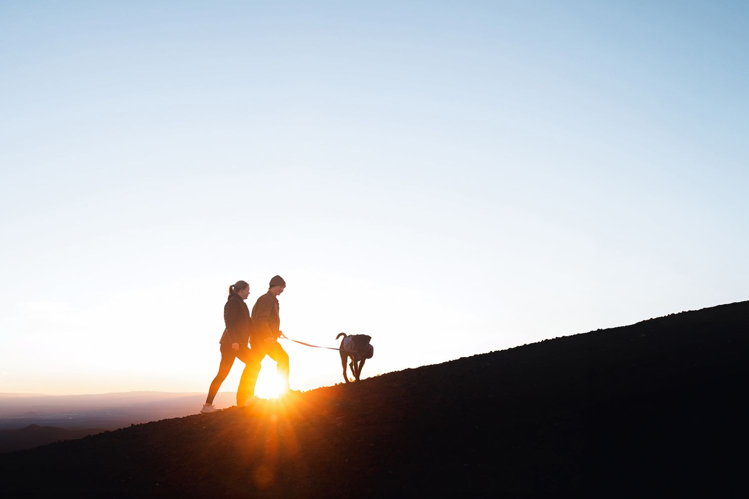 Silhouetted couple walking a dog on a grassy hillside at sunset, with the glowing sun low on the horizon beneath a clear pale sky.