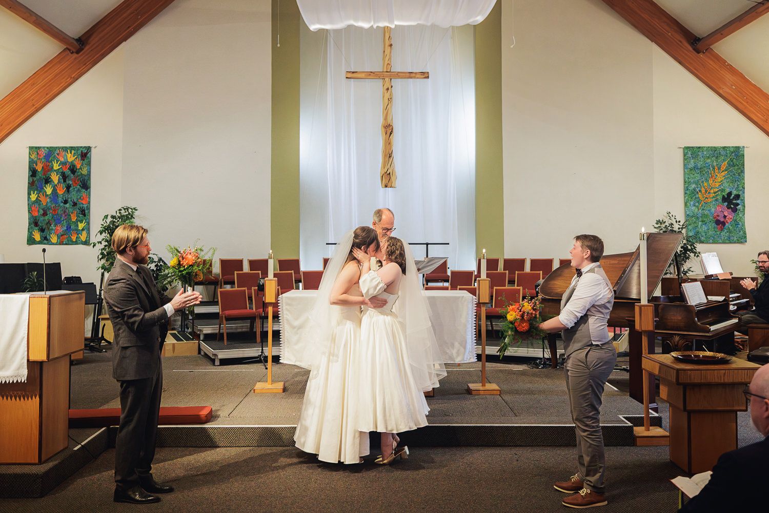 A series of wedding ceremony photos showing people in formal attire gathered at a church altar.