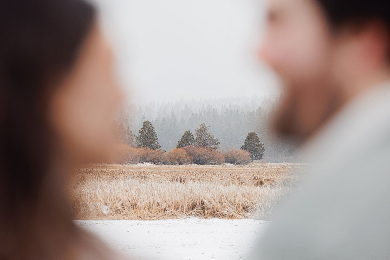 A romantic couple walks through a misty wheat field at sunset creating a dreamy silhouette against the golden light.