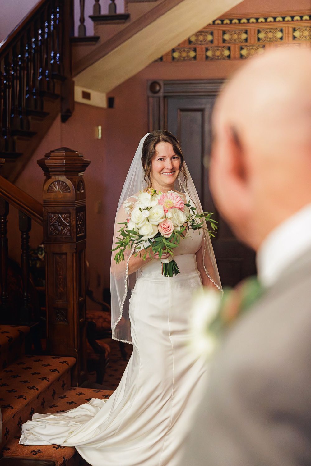 Collage of wedding ceremony moments showing a traditional church interior and white bridal gown details.