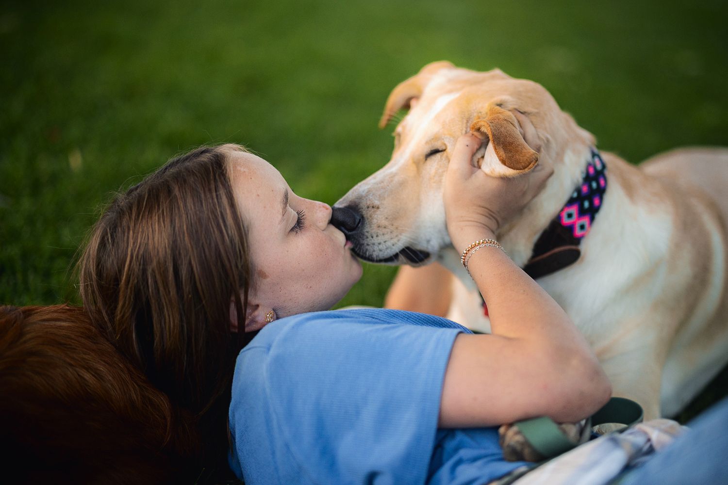 A Yellow Labrador Retriever shares an affectionate kiss with a person lying in green grass outdoors.