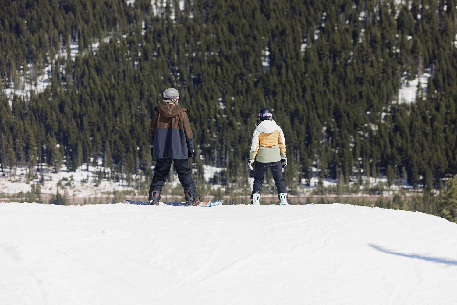 Two people walking on a snowy path surrounded by pine trees in a winter landscape.
