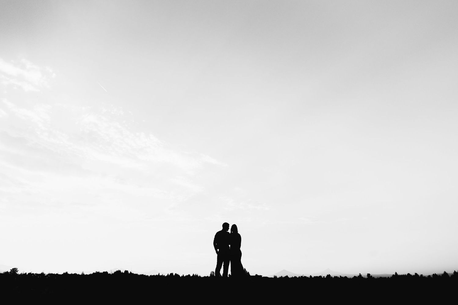 A silhouetted couple stands together on a hilltop against a light sky in black and white.