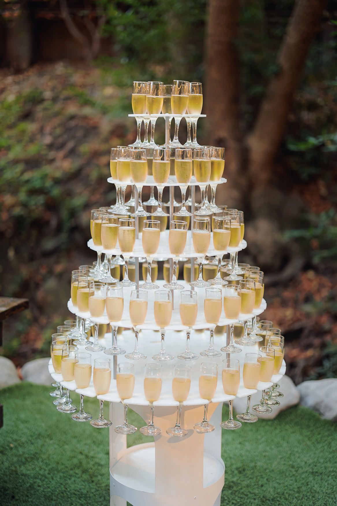 Elegant champagne tower display with multiple tiers of filled flutes arranged on a white stand in an outdoor garden setting.