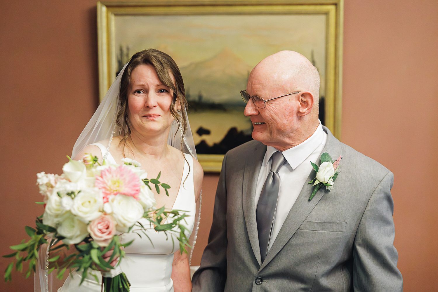 A collage showing four side-by-side wedding photos featuring sweet father-daughter moments in a warm-toned indoor setting.
