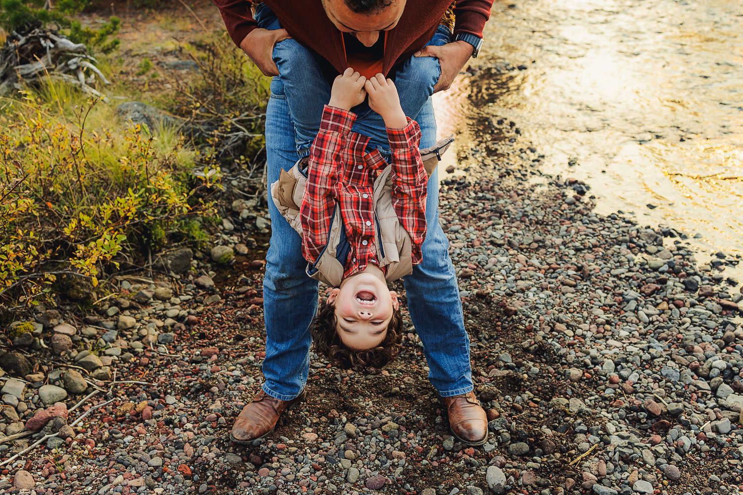 A sequence of photos showing hands finding and picking up small rocks along a gravel path outdoors.