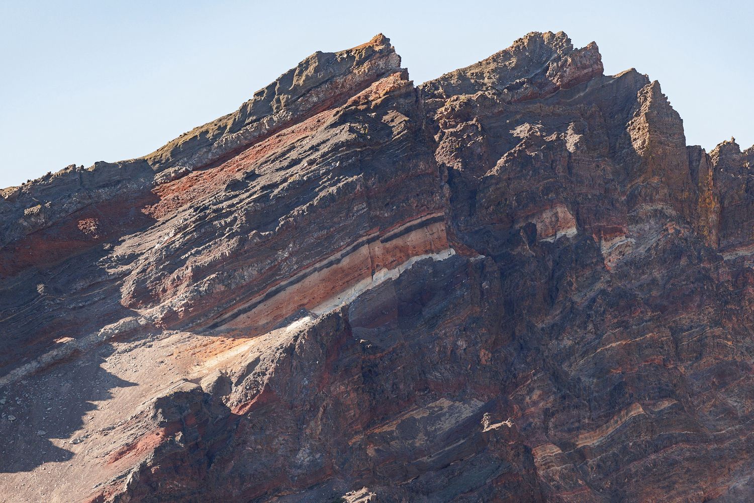 Rugged mountain ridge with layered rock strata in red, brown and gray tones rising against a clear blue sky.
