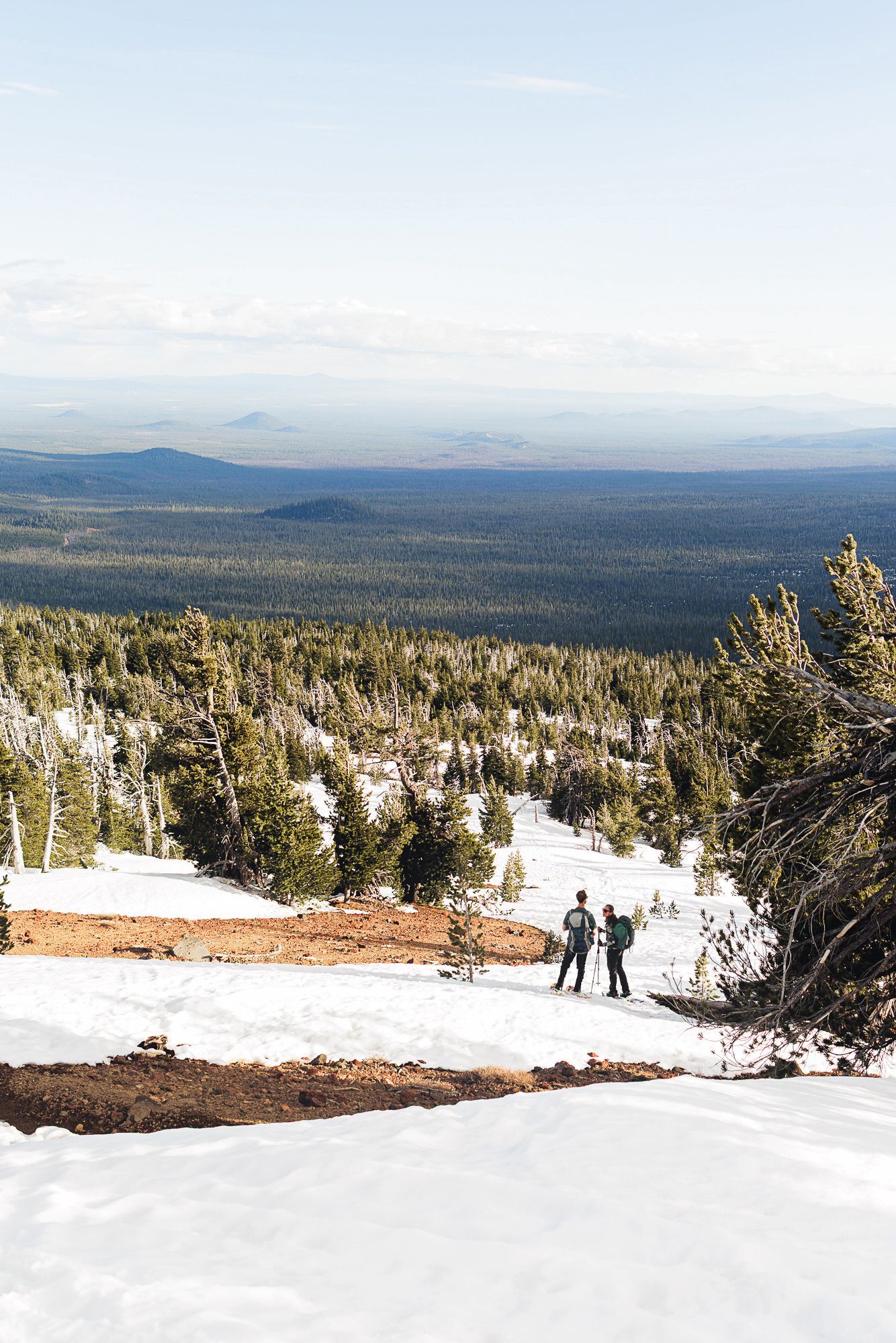 Two hikers stand on a snowy mountain slope overlooking a vast evergreen forest and distant peaks.