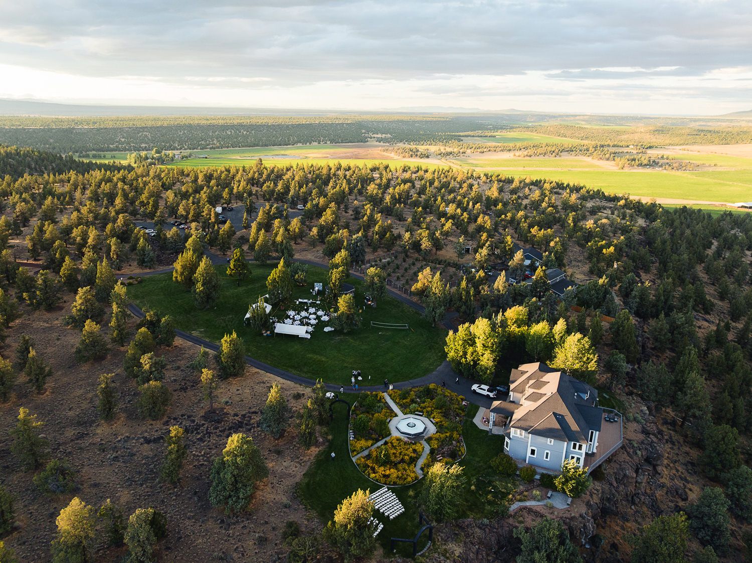 Shepherdsfield wedding venue property near Sisters, Oregon looking north at sunset