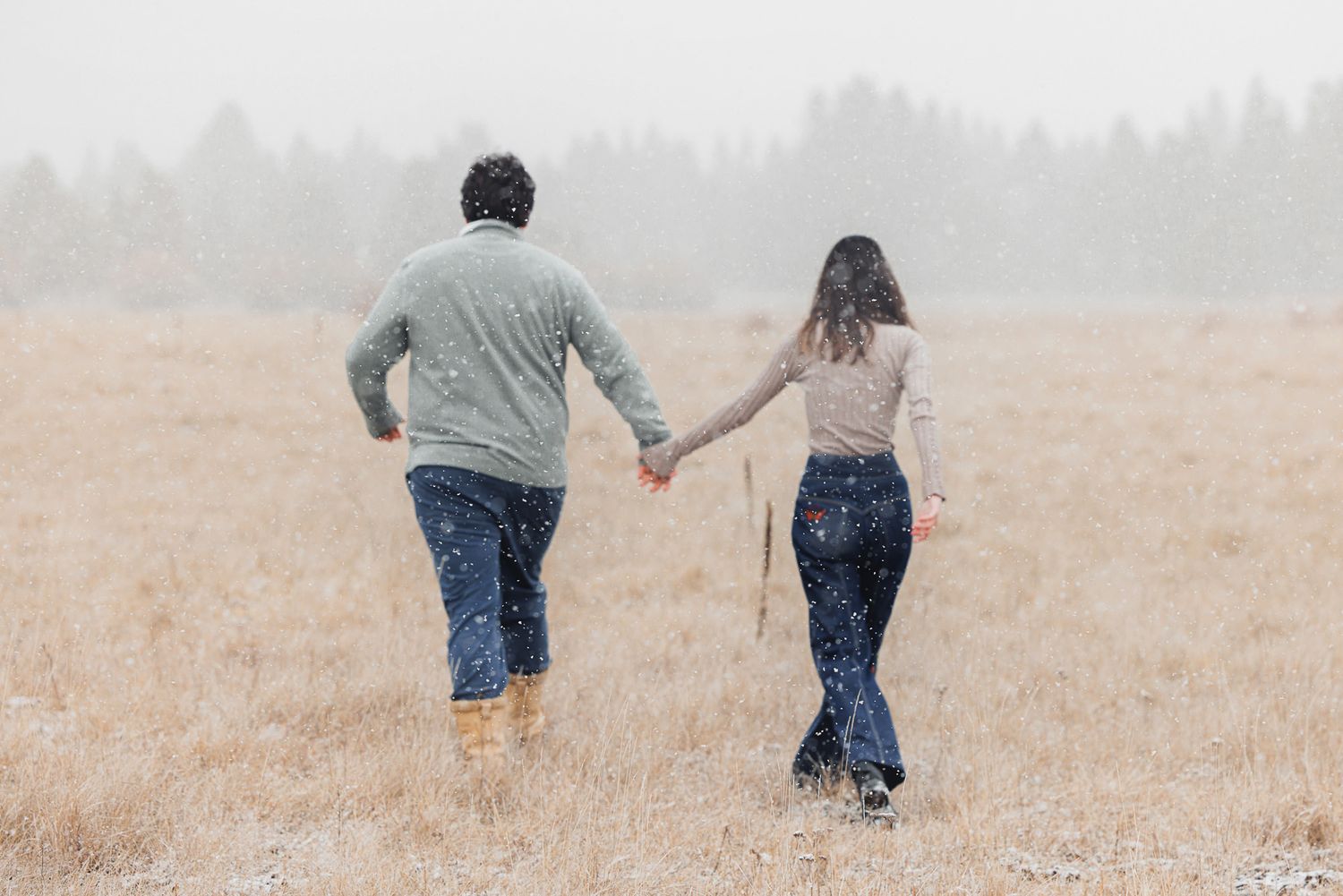 Two people walk hand in hand through a golden field on a misty autumn day.