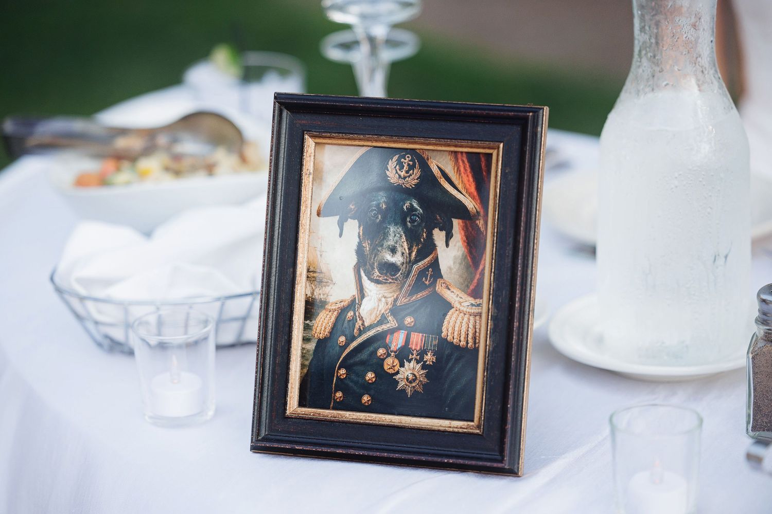 Framed portrait of a dog dressed as a military general displayed on a white tablecloth at an outdoor event.
