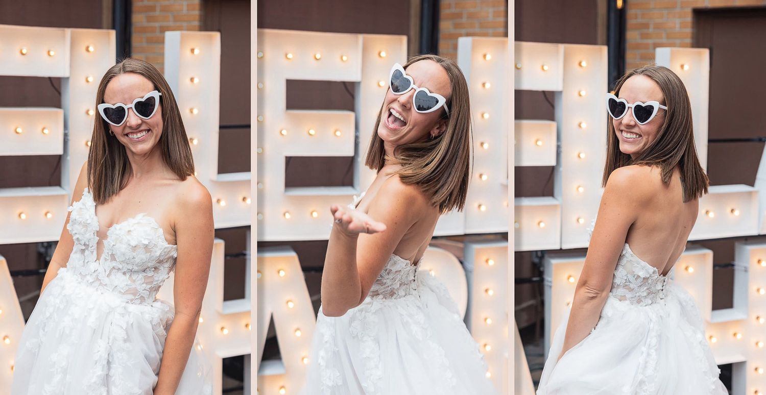 Three poses of someone in a white bridal gown and sunglasses against a wooden backdrop.