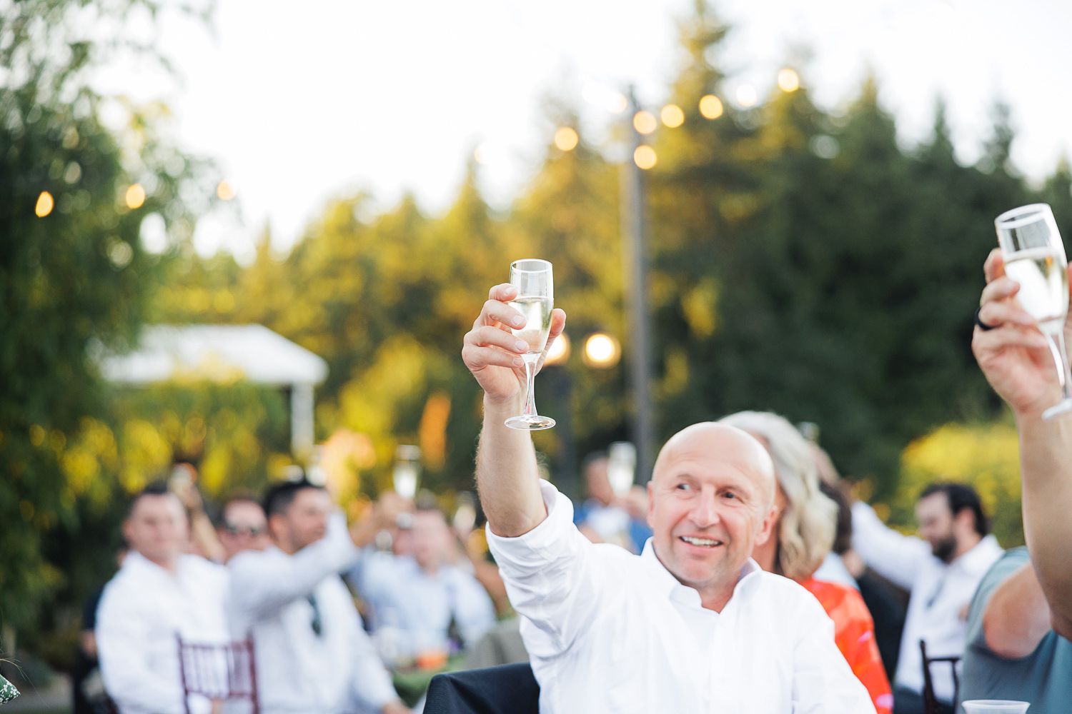 Wedding guests raise their glasses in a celebratory toast during an outdoor reception at sunset.