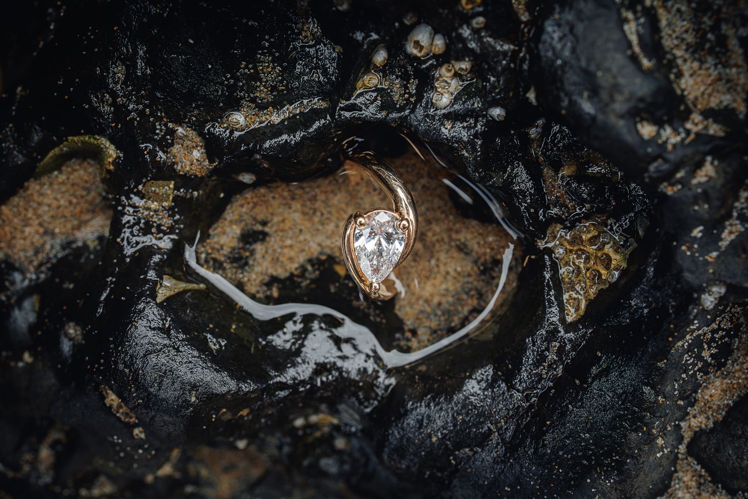 A pear-shaped diamond ring resting on dark wet rocks, glimmering with natural light in an outdoor setting.
