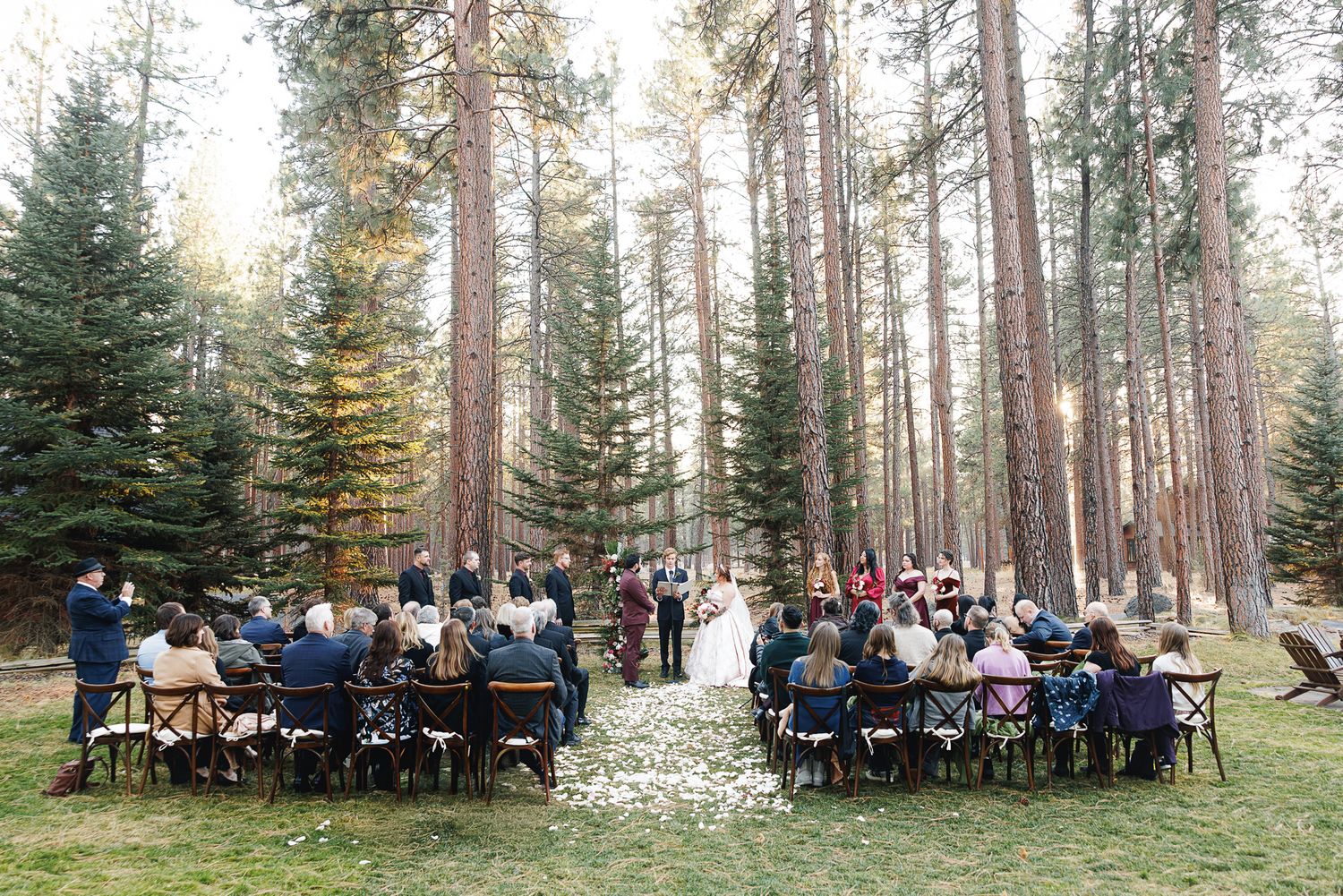 Rows of wedding attendees seated in a forest clearing with tall evergreen trees creating a natural cathedral setting.