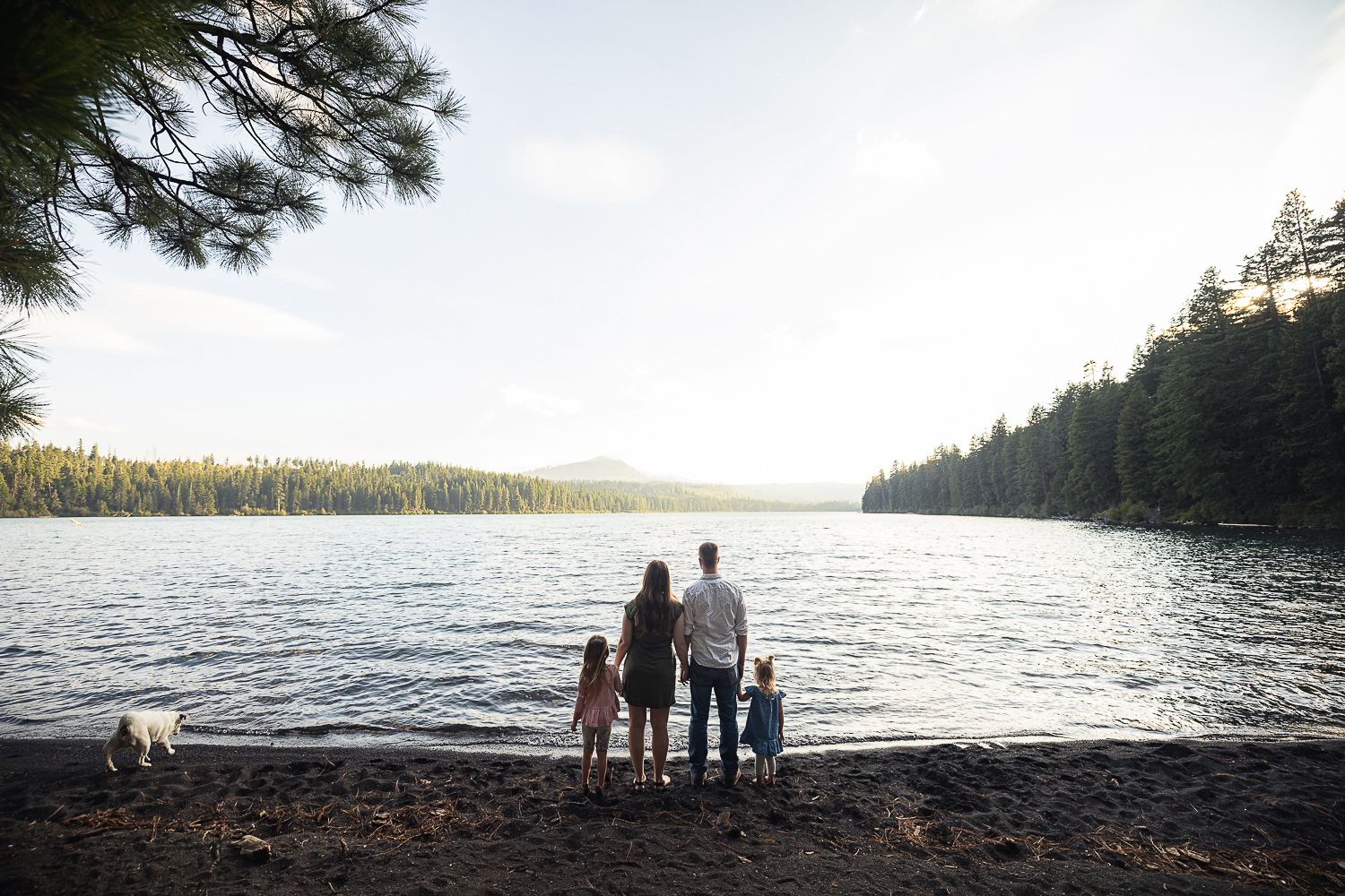 A family stands at the edge of a scenic lake surrounded by pine forest at sunset, viewing the serene landscape together.