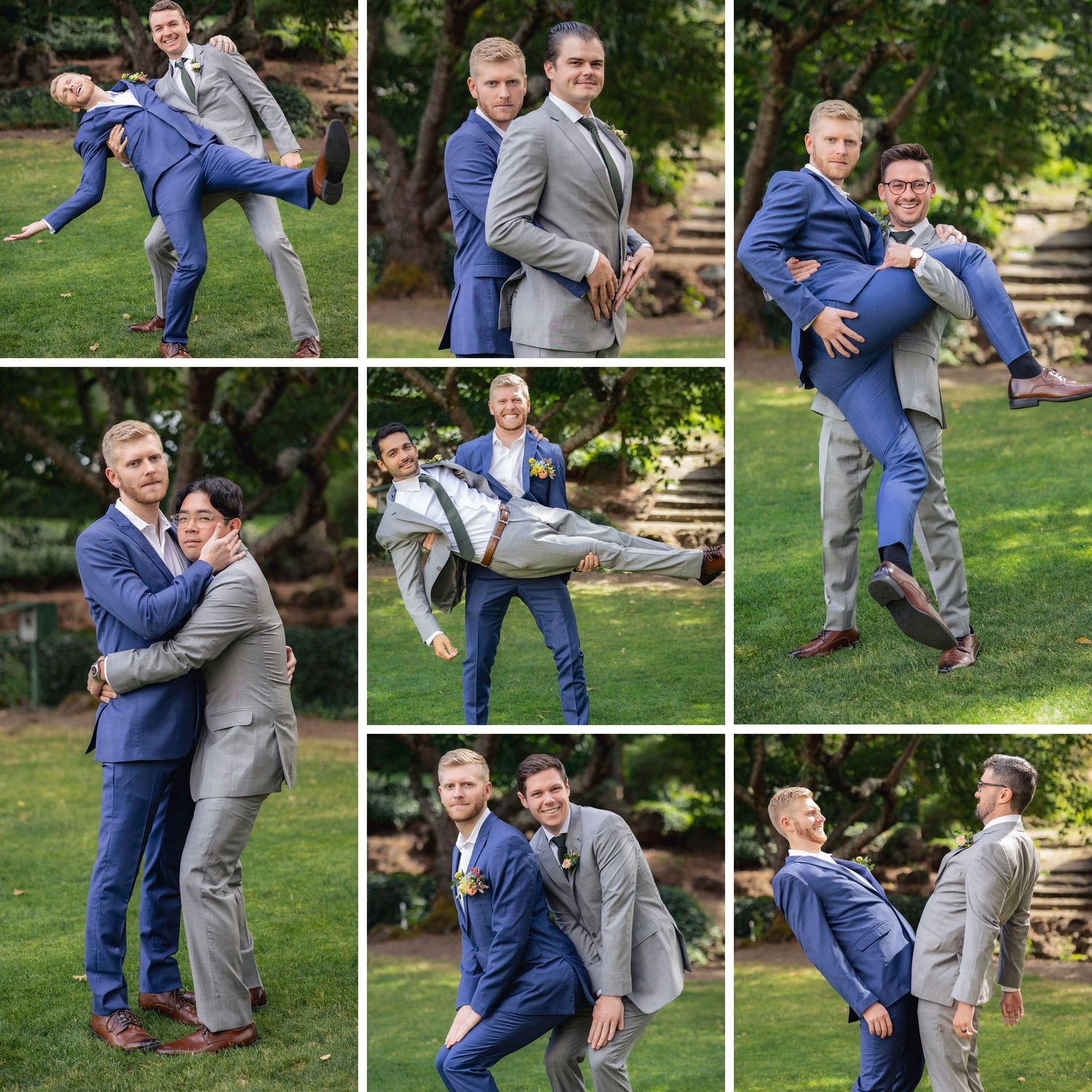 Two people in contrasting suits playfully lift and carry each other in a garden setting during a photo session.