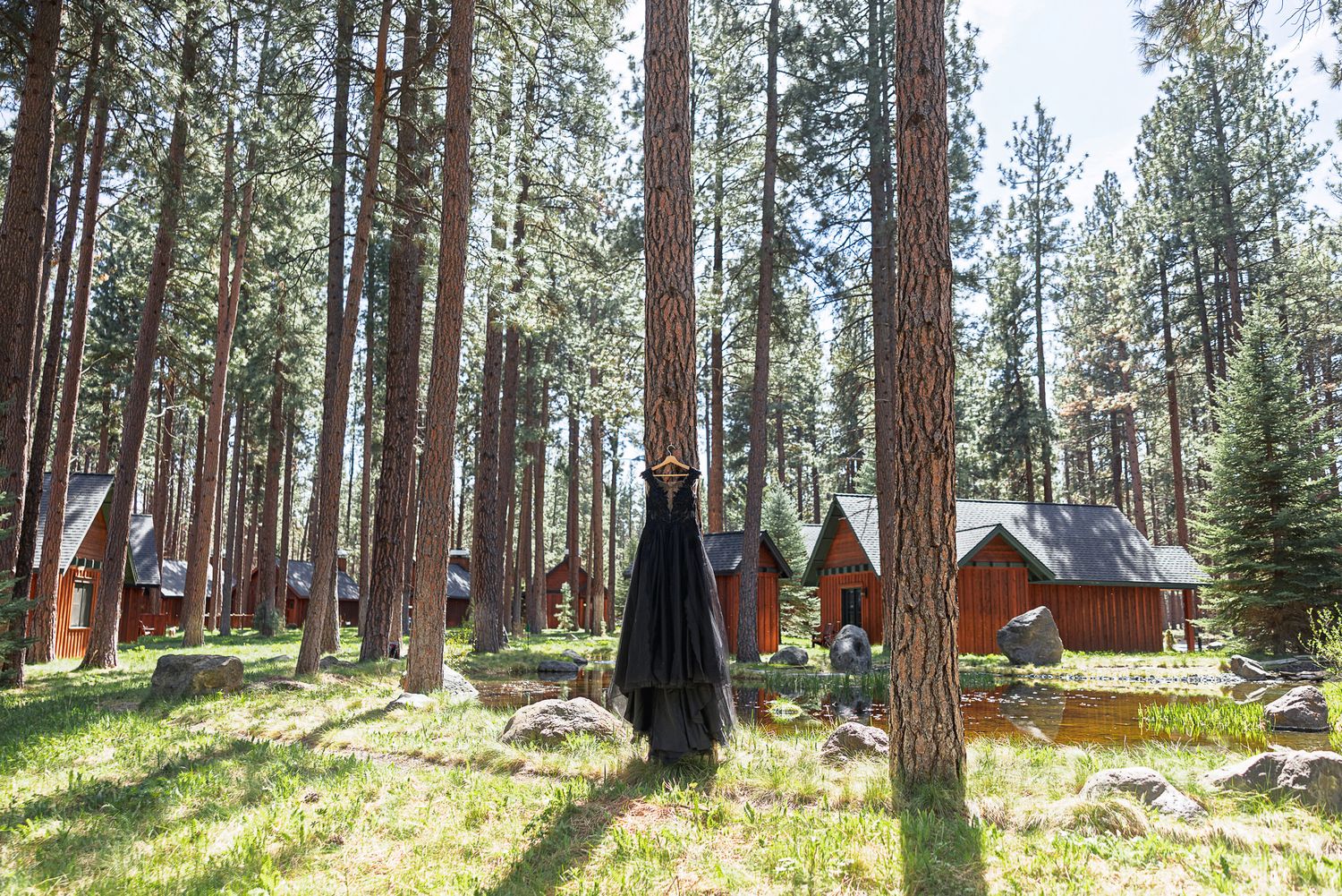 A person in a black witch costume stands among tall pine trees near rustic wooden cabins in a forest clearing.