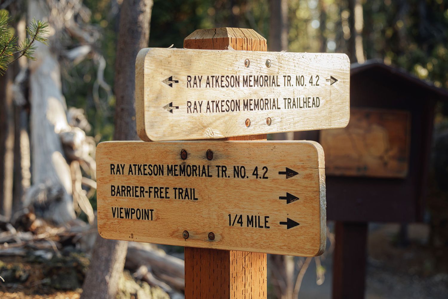 Wooden trail signs for Ray Atkeson Memorial TR No. 4.2, Barrier-Free Trail, and Viewpoint, located 1/4 mile away.