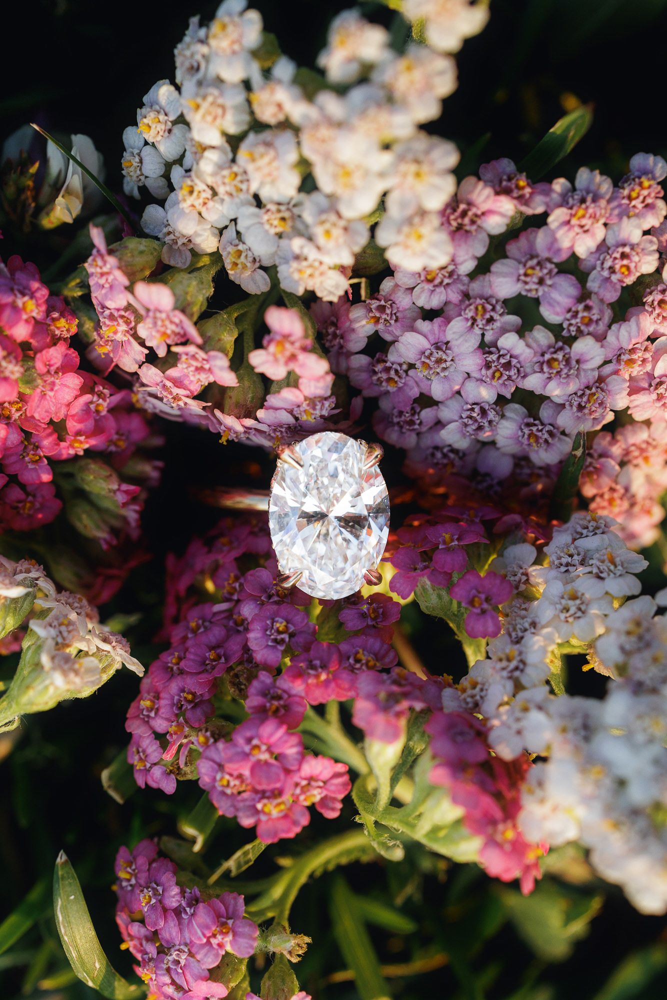 Oval diamond solitaire engagement ring nestled among vibrant pink, white, and purple wildflowers in a romantic floral arrangement.