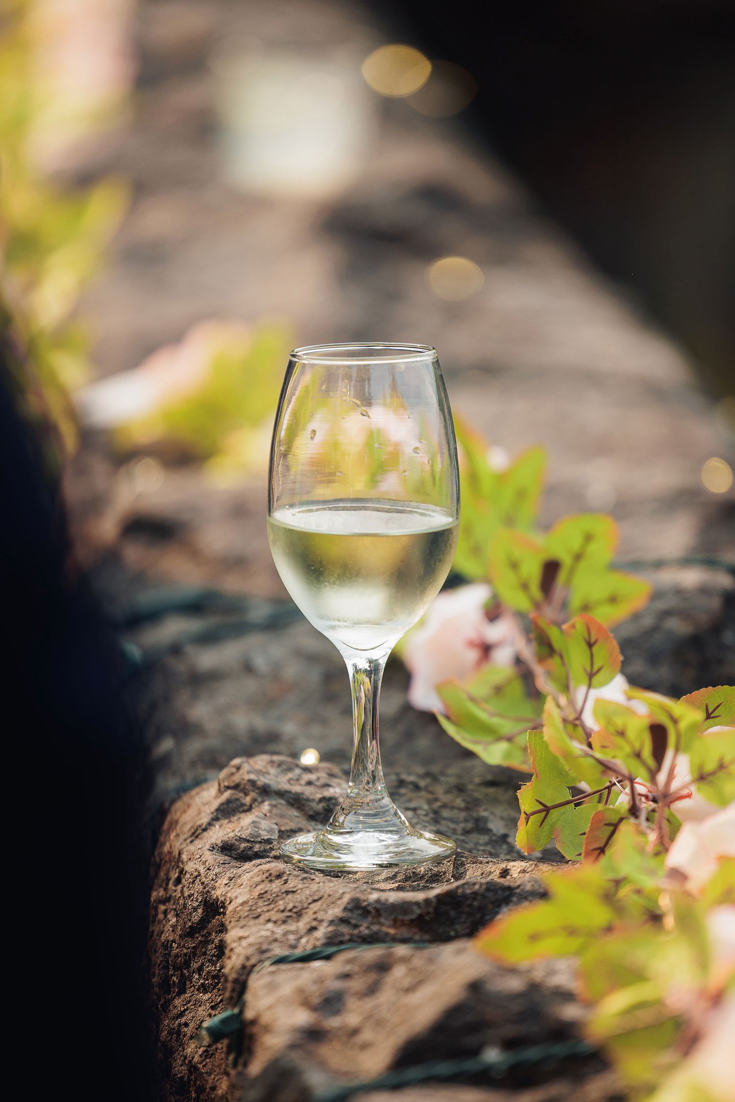 A glass of white wine sitting on a rustic stone wall surrounded by green and pink foliage outdoors.