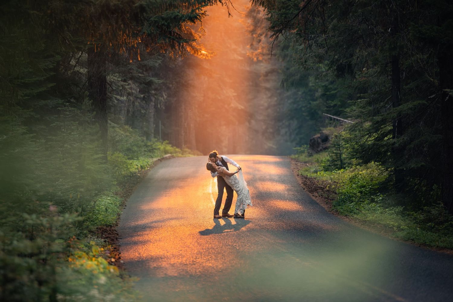 A sunlit forest path glows orange as a couple embraces in silhouette while surrounded by evergreen trees.