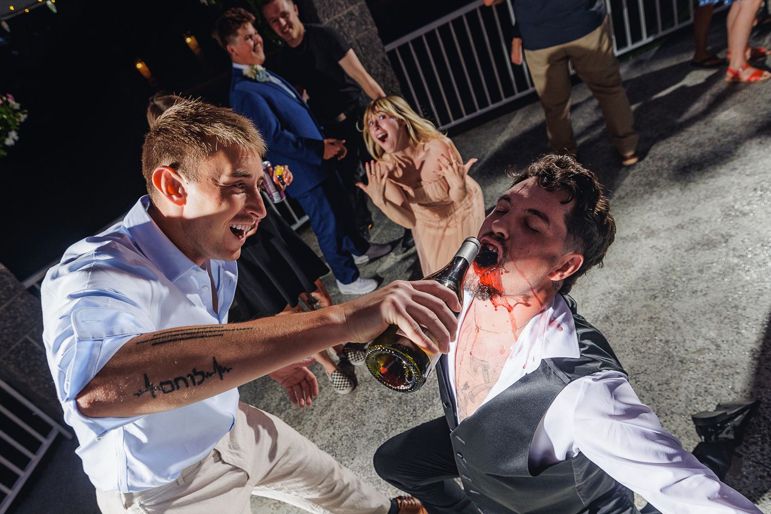 Five sequential images show increasing intensity of physical contact between two opponents in a staged fight scene.