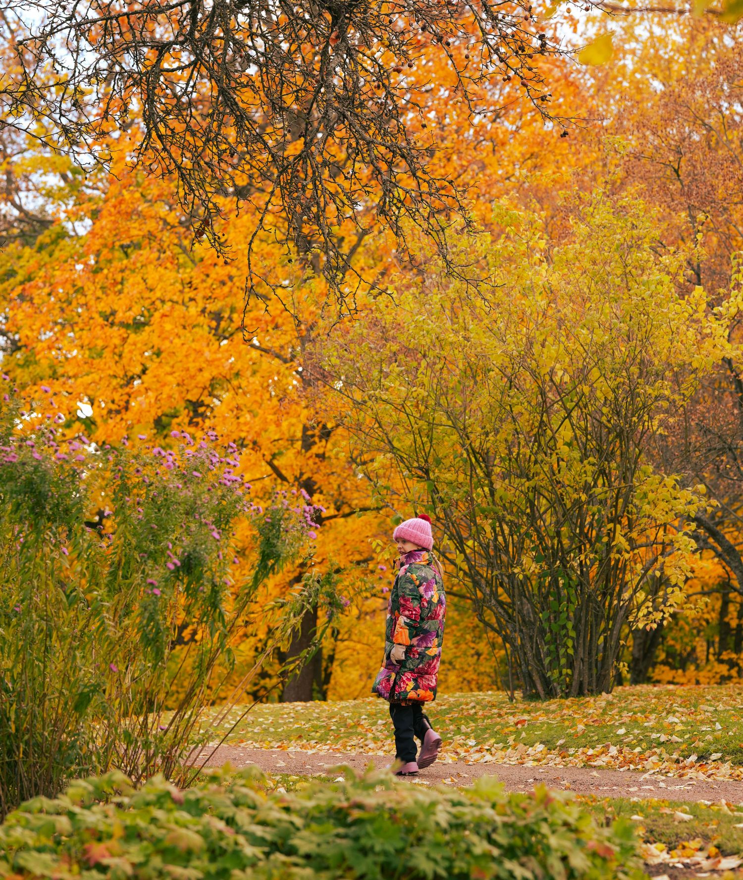 Person in winter coat standing among vibrant fall foliage in a park.