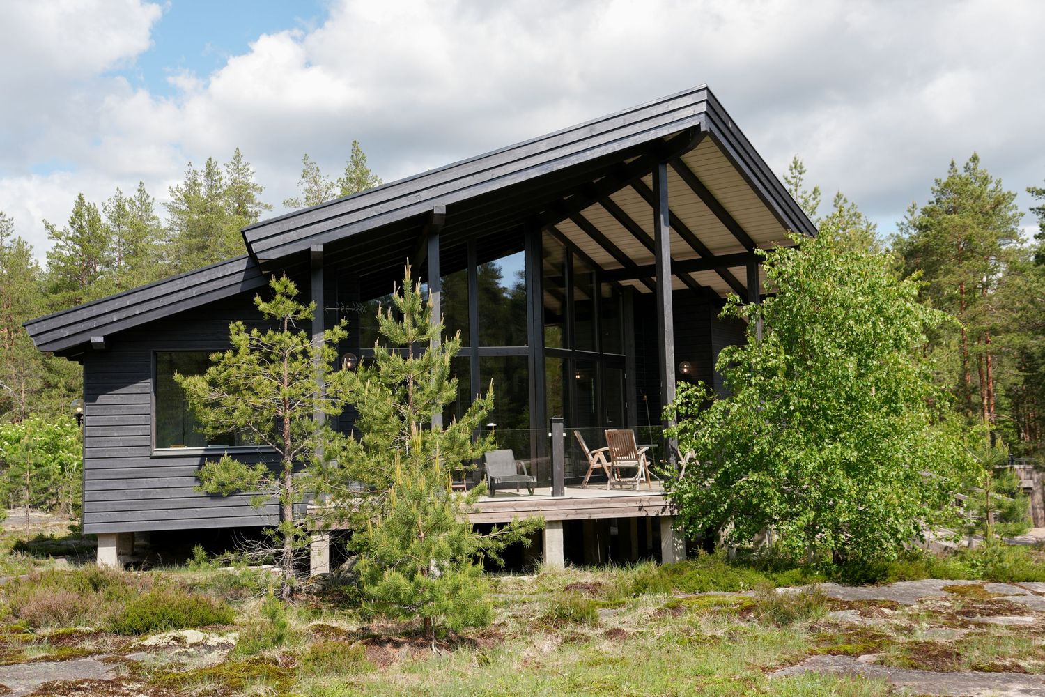 Modern dark wooden cabin with sloped roof sits nestled among green trees in a natural forest setting.